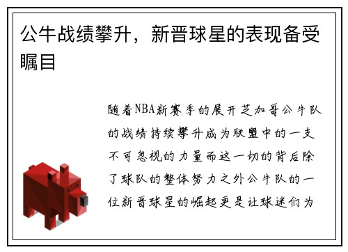 公牛战绩攀升，新晋球星的表现备受瞩目