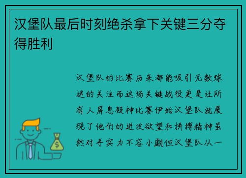 汉堡队最后时刻绝杀拿下关键三分夺得胜利
