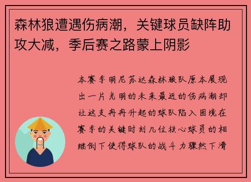 森林狼遭遇伤病潮，关键球员缺阵助攻大减，季后赛之路蒙上阴影